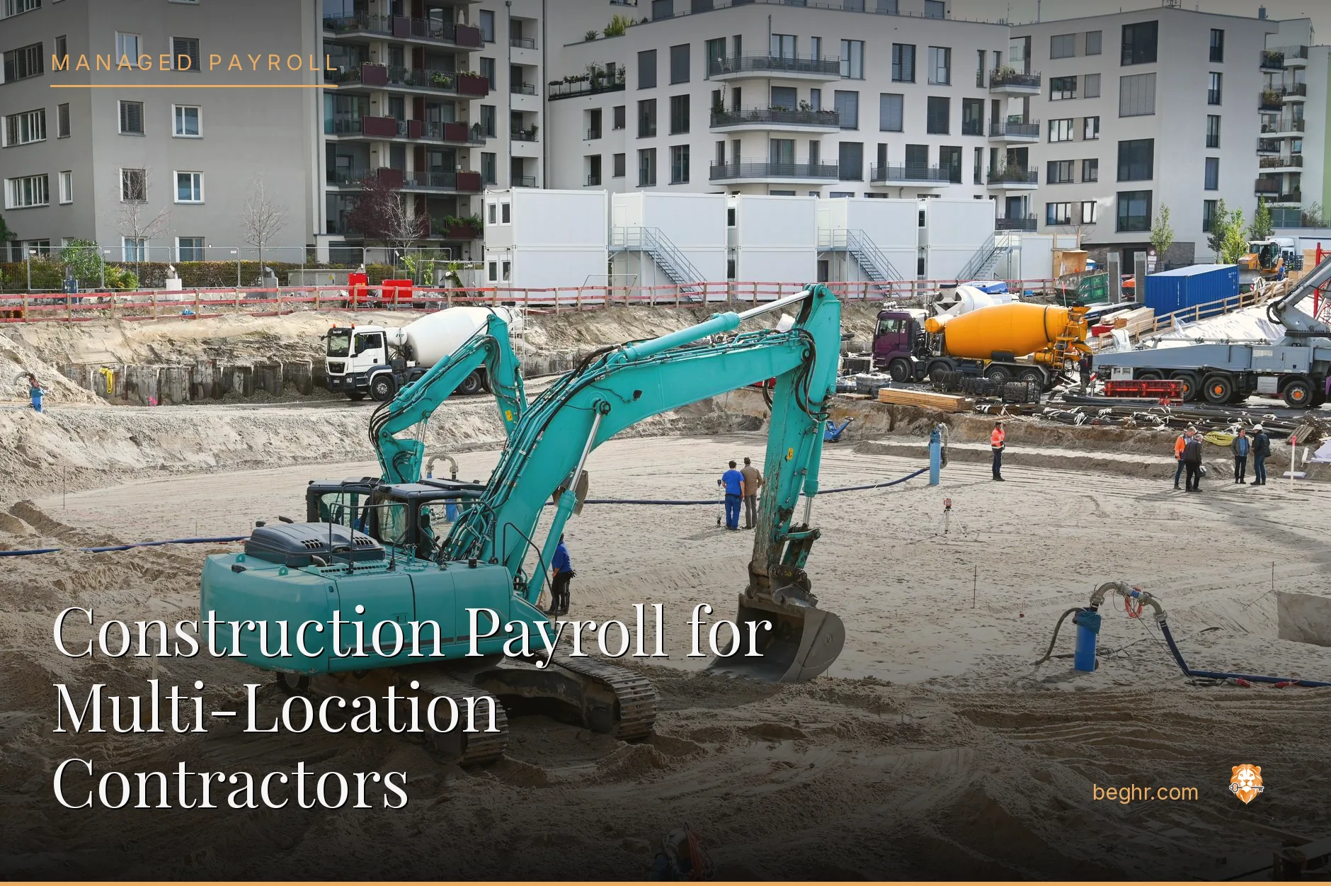 A real construction site, workers in hard hats and hi-vis vests reviewing plans