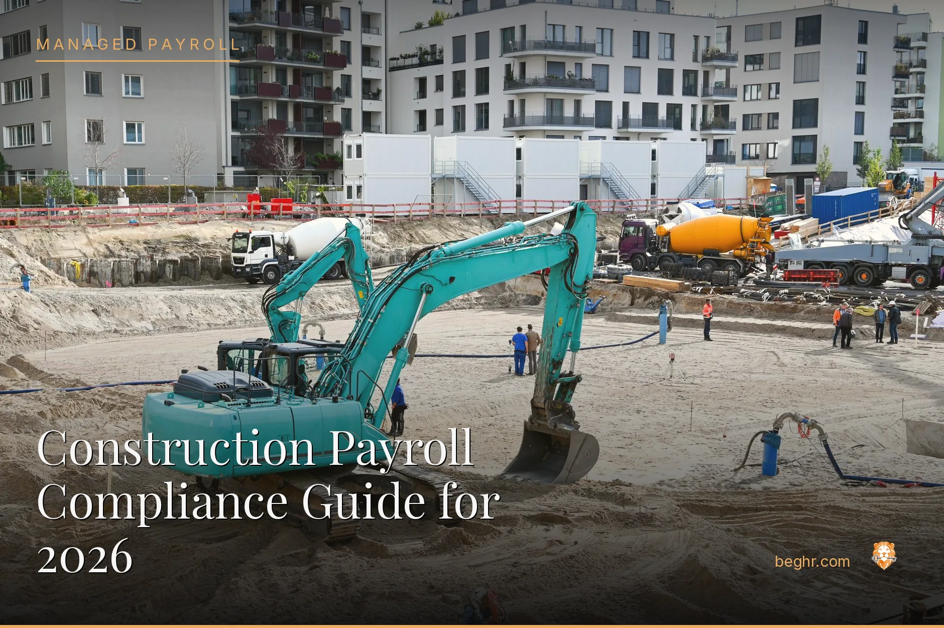 A real construction site, workers in hard hats and hi-vis vests reviewing plans