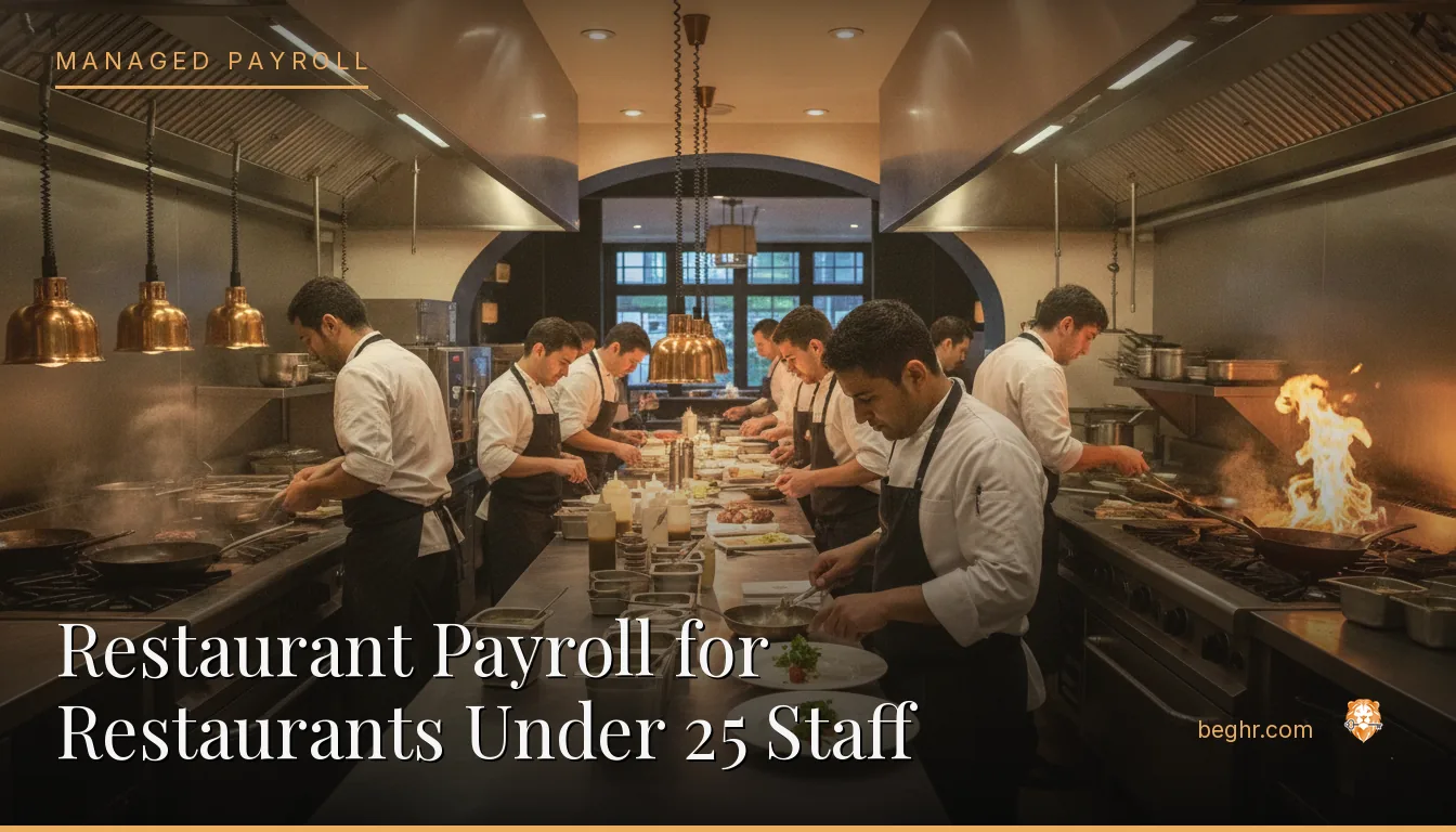 A busy modern restaurant kitchen with chefs and staff working the line